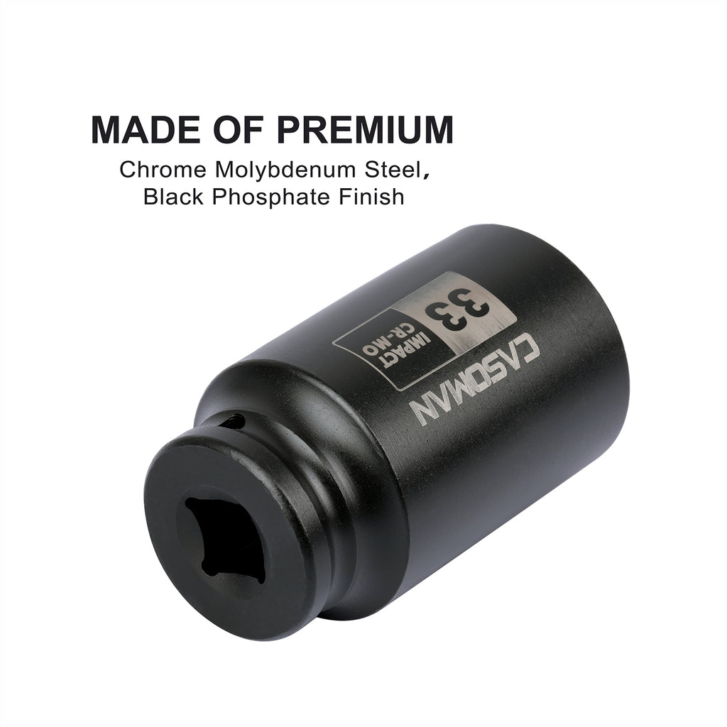 CASOMAN 1/2" Drive x 33 mm Deep 6 PT Impact Socket, CR-MO, 1/2-inch Drive 6 Point Axle Nut Socket for Easy Removal of Axle Shaft Nuts (33MM)