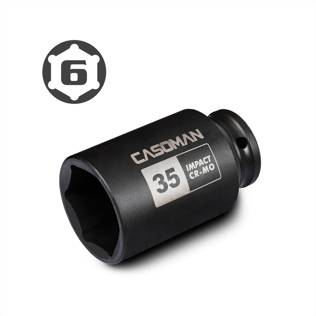 CASOMAN 1/2" Drive x 35 mm Deep 6 PT Impact Socket, CR-MO, 1/2-inch Drive 6 Point Axle Nut Socket for Easy Removal of Axle Shaft Nuts (35MM)