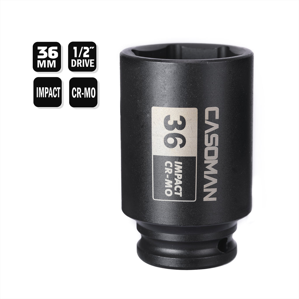 CASOMAN 1/2" Drive x 36 mm Deep 6 PT Impact Socket, CR-MO, 1/2-inch Drive 6 Point Axle Nut Socket for Easy Removal of Axle Shaft Nuts (36MM)
