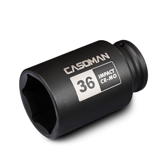 CASOMAN 1/2" Drive x 36 mm Deep 6 PT Impact Socket, CR-MO, 1/2-inch Drive 6 Point Axle Nut Socket for Easy Removal of Axle Shaft Nuts (36MM)