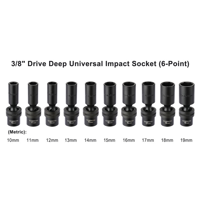CASOMAN 10 PCS 3/8" Drive Deep Universal Impact Socket Set, 6 Point, CR-MO, Metric,10-19mm, Swivel Socket