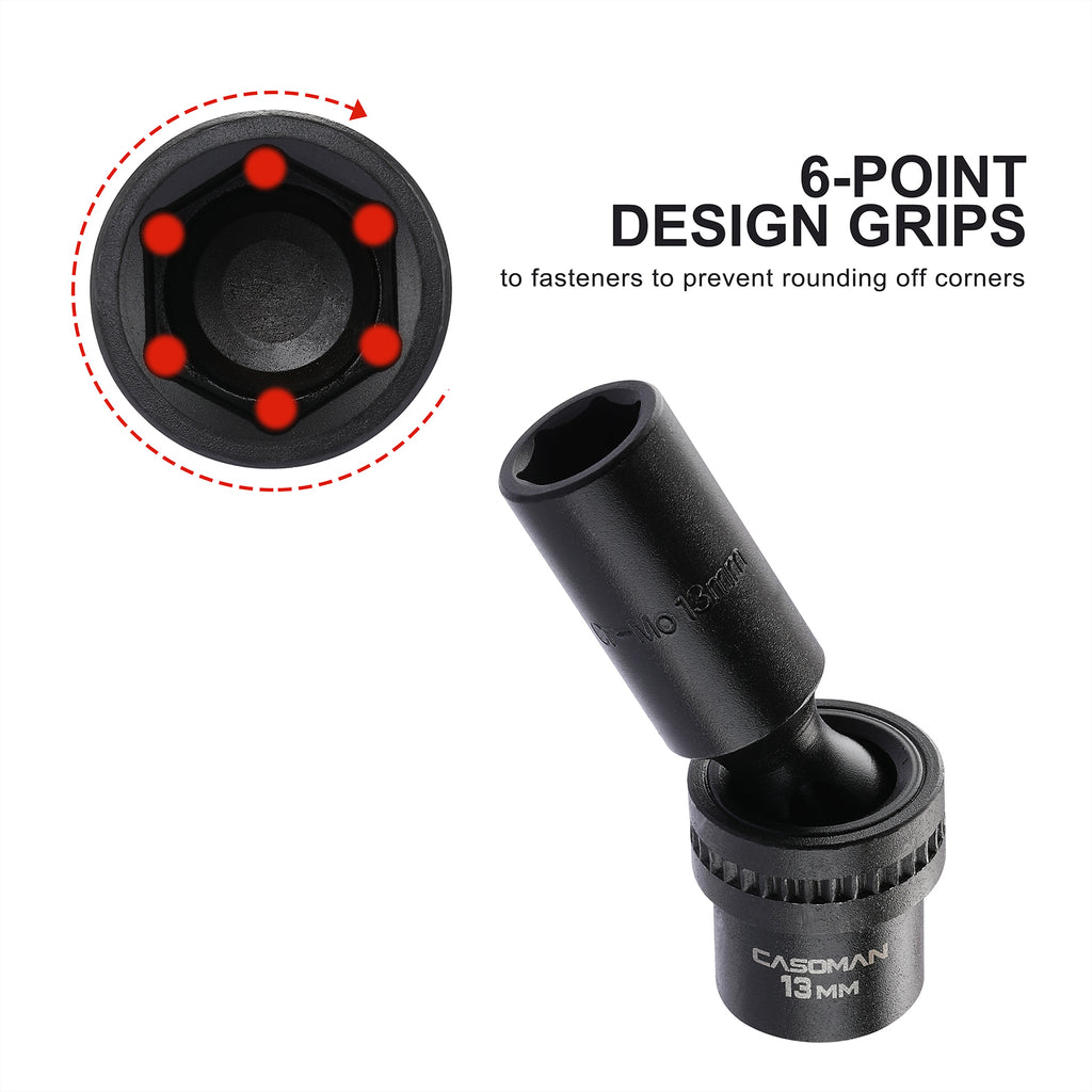 CASOMAN 10 PCS 3/8" Drive Deep Universal Impact Socket Set, 6 Point, CR-MO, Metric,10-19mm, Swivel Socket