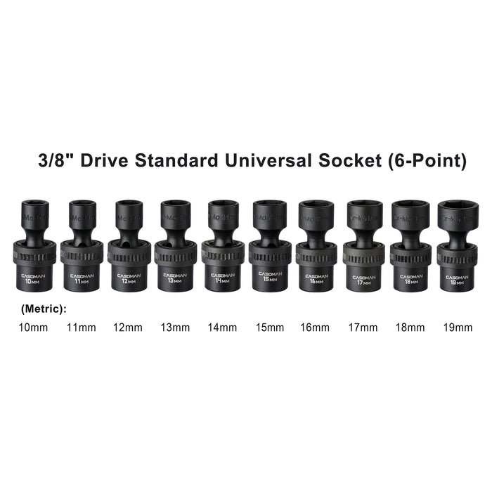 CASOMAN 10 PCS 3/8" Drive Shallow Universal Impact Socket Set, 6 Point, CR-MO,Metric,10-19mm, Swivel Socket