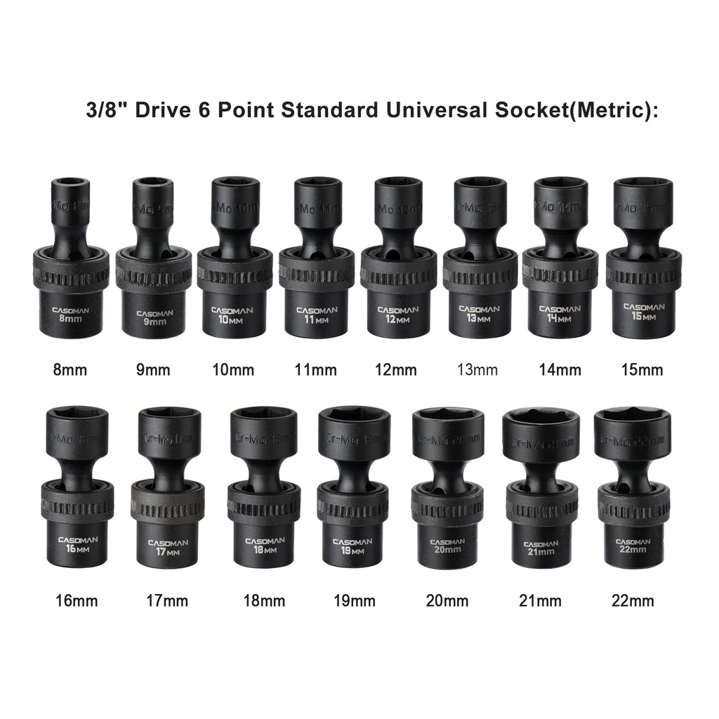 CASOMAN 15 PCS 3/8" Drive Shallow Universal Impact Socket Set, 6 Point, CR-MO, Metric,8-22mm, Swivel Socket