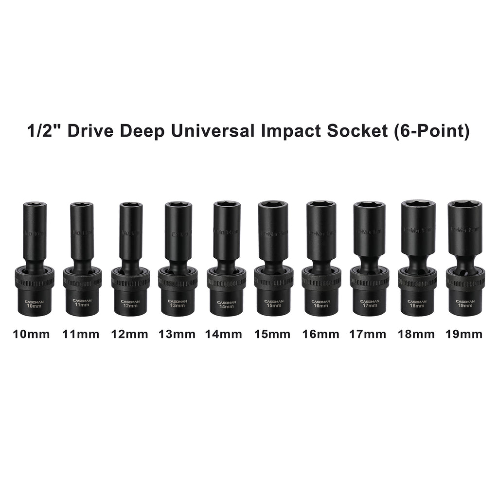 CASOMAN 10 PCS 1/2" Drive Deep Universal Impact Socket Set, Metric,10-19mm