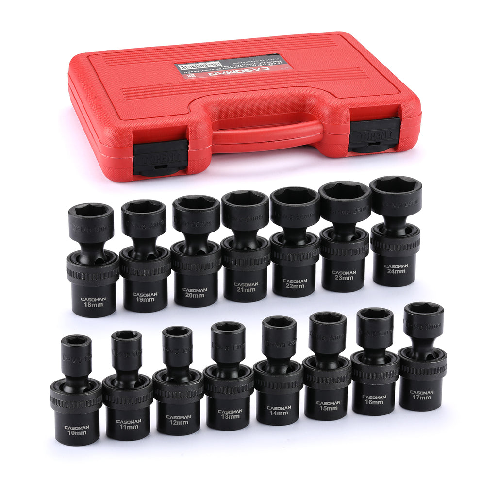 CASOMAN 15 PCS 1/2" Drive Shallow Universal Impact Socket Set, 6 Point, Metric,10-24mm