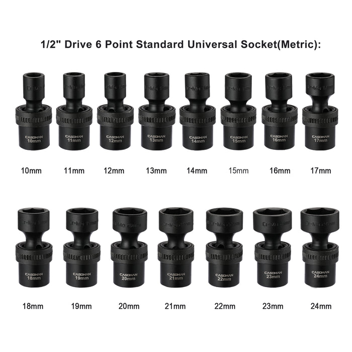 CASOMAN 15 PCS 1/2" Drive Shallow Universal Impact Socket Set, 6 Point, Metric,10-24mm