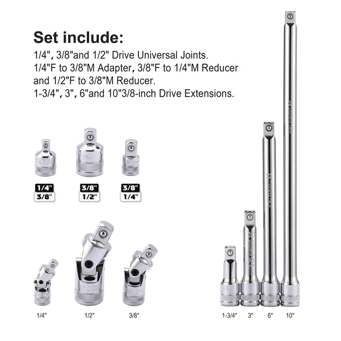 CASOMAN 10-Piece Socket Accessory Set, 1/4-inch, 3/8-inch,1/2-inch Drive, Includes Socket Adapters, Extension Bars and Universal Joints,Mirror Finish