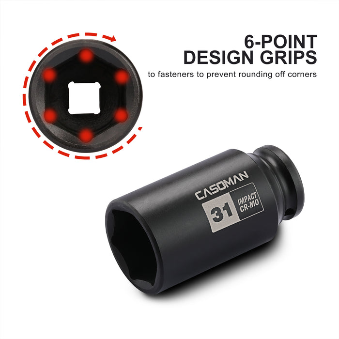 CASOMAN 1/2-Inch Drive 6 Point Axle Nut Socket (31MM) - Extra Deep Impact Socket for Easy Removal of Axle Shaft Nuts