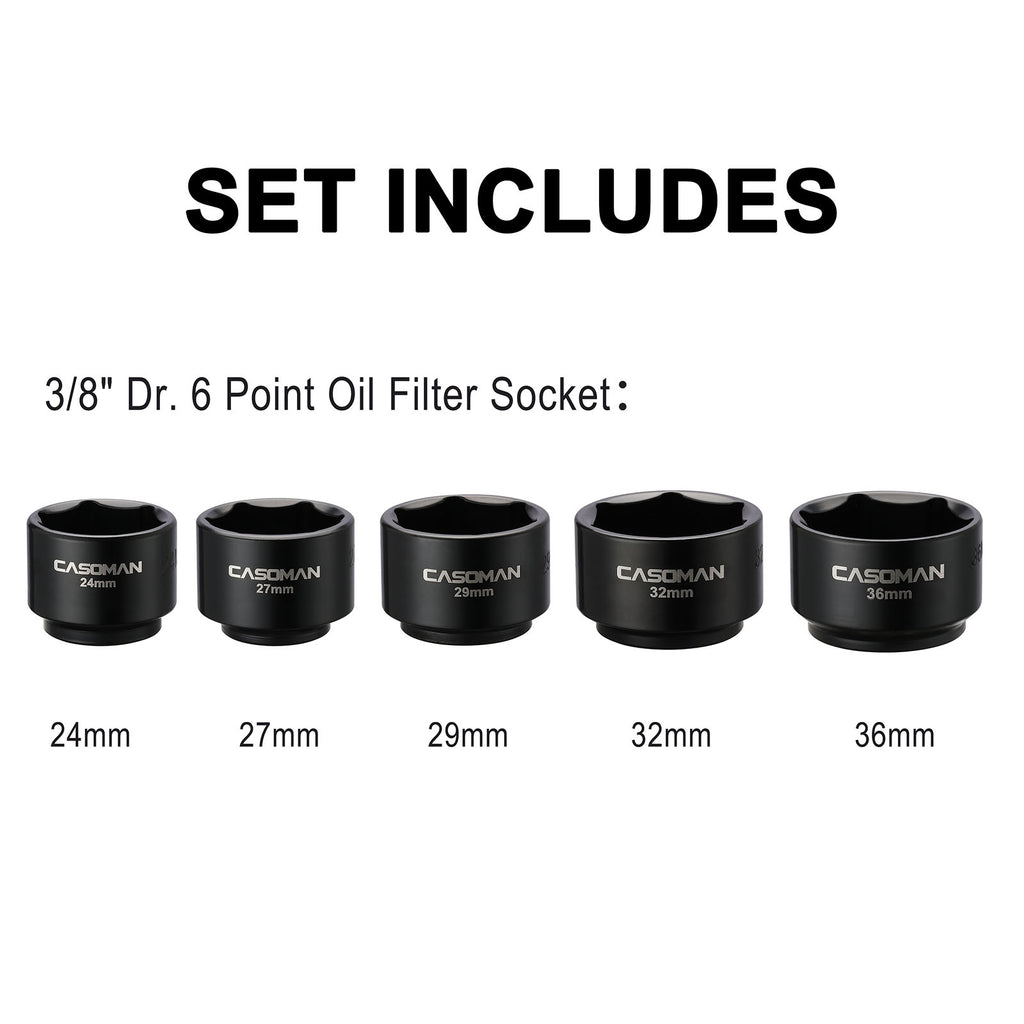 CASOMAN 5 Pieces 3/8" Drive Low Profile Oil Filter Socket Set, Oil Filter Cap Remover and Installer Tool Set, 6 Point, 24mm 27mm, 29mm, 32mm, 36mm