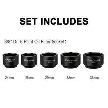 Load image into Gallery viewer, CASOMAN 5 Pieces 3/8" Drive Low Profile Oil Filter Socket Set, Oil Filter Cap Remover and Installer Tool Set, 6 Point, 24mm 27mm, 29mm, 32mm, 36mm