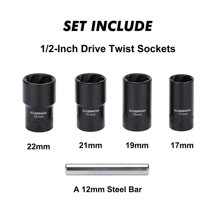 5-Piece Twist Socket Set 17mm 19mm 21mm 22mm | Damaged Nut Remover For Rounded Bolts 1/2\" Drive
