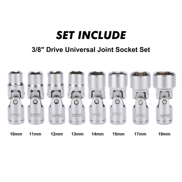 CASOMAN 3/8" Drive Universal Joint Socket Set- 8 Piece Flex Socket Set, 6-Point, Cr-V, Metric