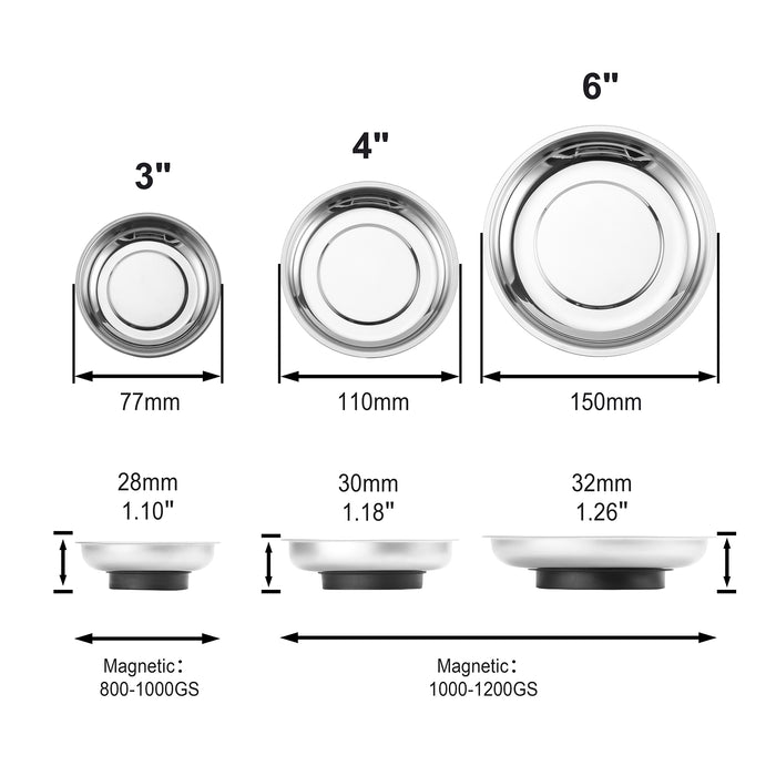 CASOMAN 3-Piece Round Magnetic Trays Set, 3" 4" 6", Stainless Steel Magnetic Parts Tray Set, Magnetic Tray Holder, For Nuts, Bolts and small parts