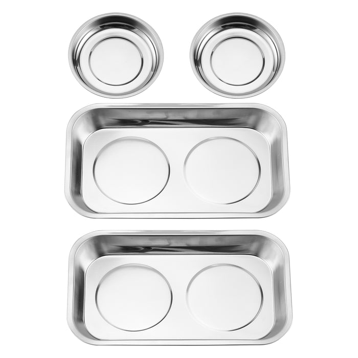 CASOMAN 4-Piece Round And Square Magnetic Trays Set, Stainless Steel, 4" Round Trays & 9.5" Wx5.5"L Square Trays, For Socket Screw, Nuts,Metal Parts