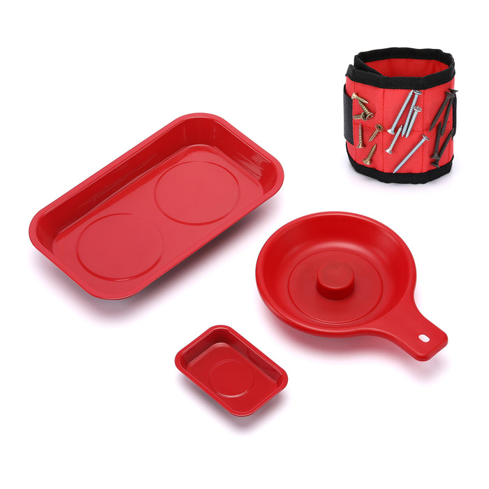 CASOMAN 4 Pieces Magnetic Tray and Wristband Set, Magnetic Parts Tray Set, Magnetic Wristband for women, men, Red