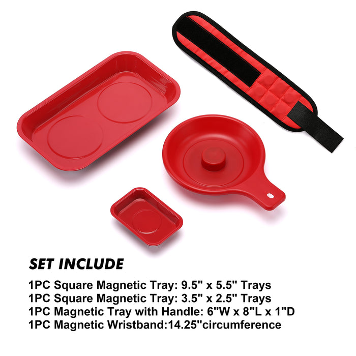 CASOMAN 4 Pieces Magnetic Tray and Wristband Set, Magnetic Parts Tray Set, Magnetic Wristband for women, men, Red