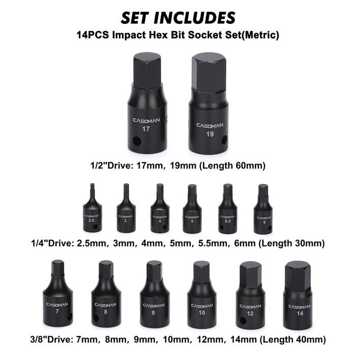 CASOMAN Impact Hex Bit Socket Set, 14-Piece Set, 1/4", 3/8" and 1/2"Drive, Metric, Cr-Mo, 2.5mm to 19mm