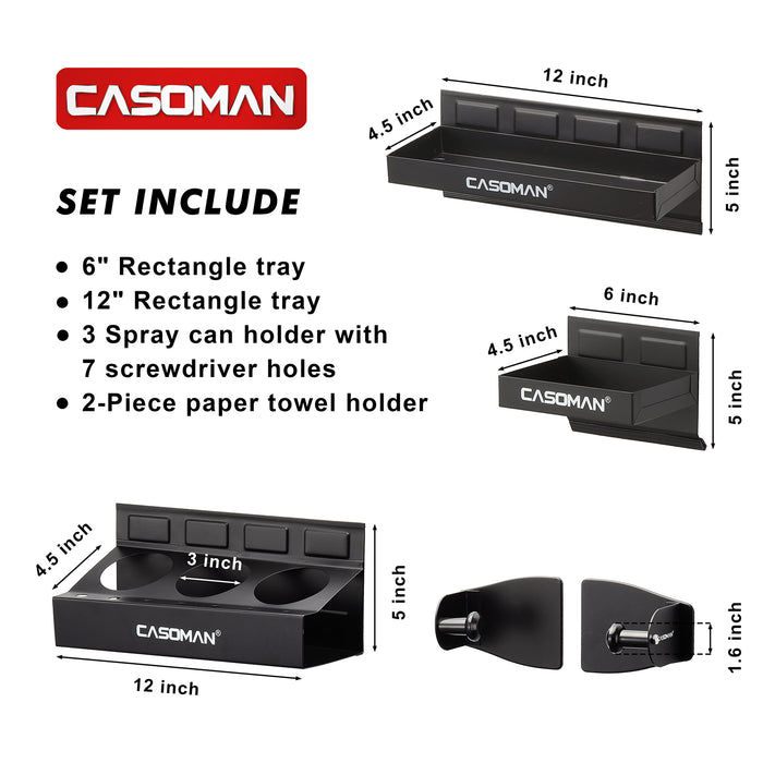 CASOMAN Magnetic Toolbox Shelf, Tray, Paper Towel Holder, 4-Piece Set, Black, Variety of Use, Durable, Magnets any metal surface