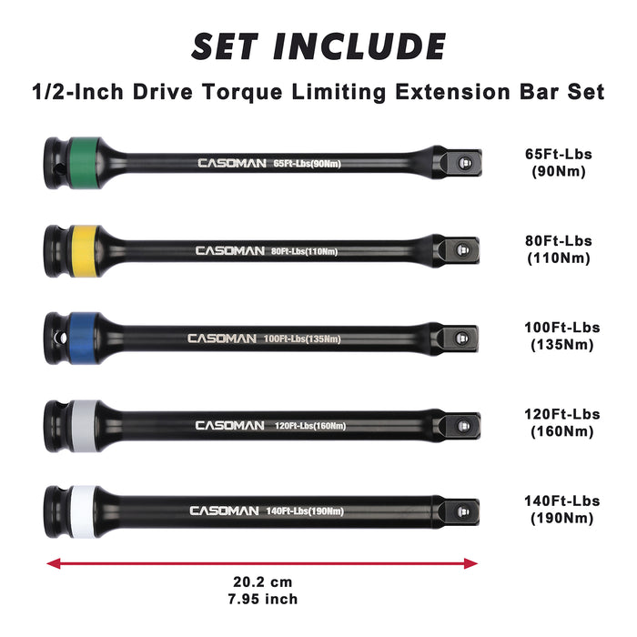 CASOMAN 5 Piece 1/2" Drive Torque Limiting Extension Bar Set, 65 to 140 Ft-Lbs (90 to 190 Nm), Impact Torque Limiter Set, Color-Coded