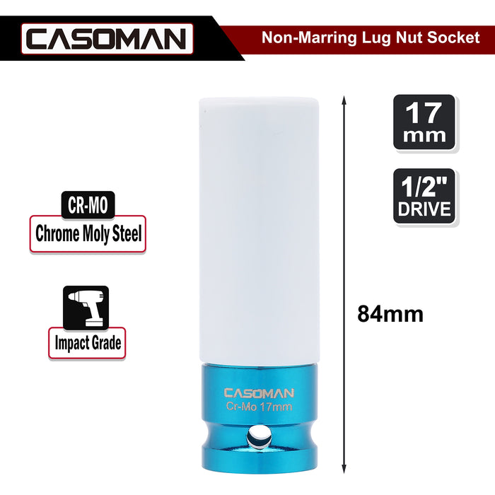 CASOMAN 1/2-Inch Drive Wheel Protector Impact Socket-17mm,Thin Wall Deep Impact Socket, 6-Point, Non-Marring, Color-Coded, Laser-Etched, Metric,CR-MO