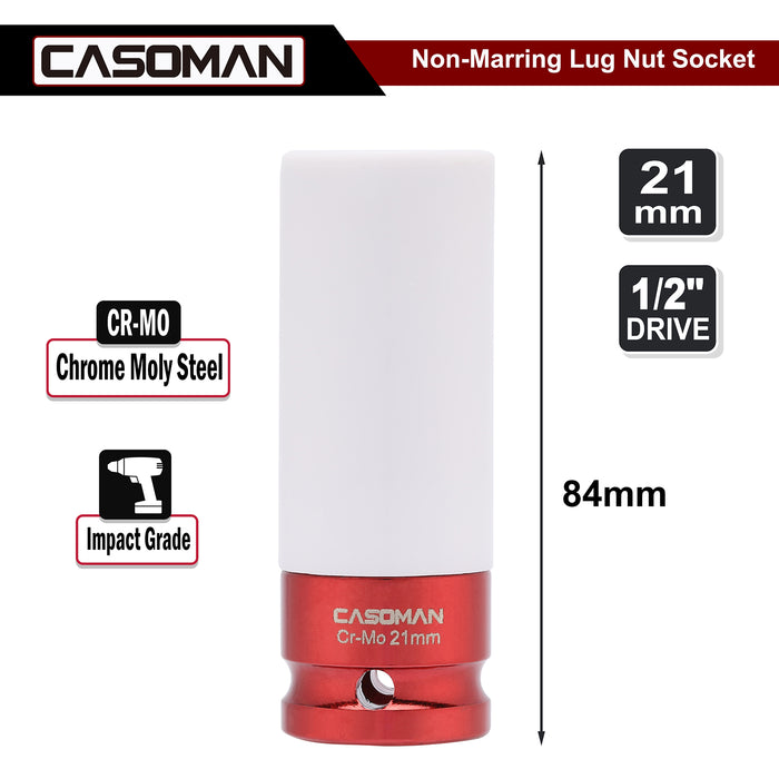 CASOMAN 1/2-Inch Drive x 21mm Non-Marring Impact Lug Nut Socket, Metric, 6-Point, CR-MO, Color-Coded, Thin-Walled Wheel Rim Protector
