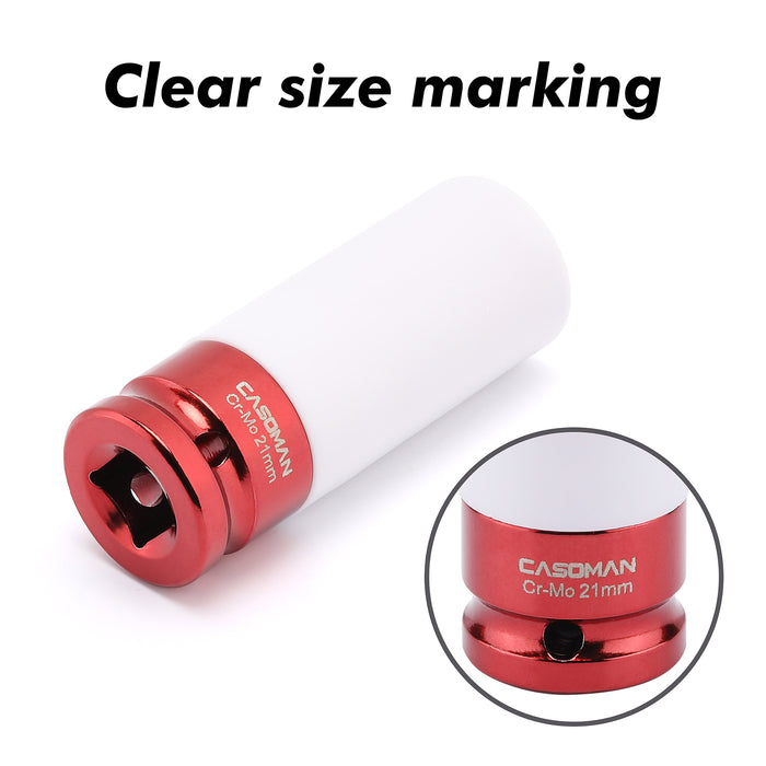 CASOMAN 1/2-Inch Drive x 21mm Non-Marring Impact Lug Nut Socket, Metric, 6-Point, CR-MO, Color-Coded, Thin-Walled Wheel Rim Protector
