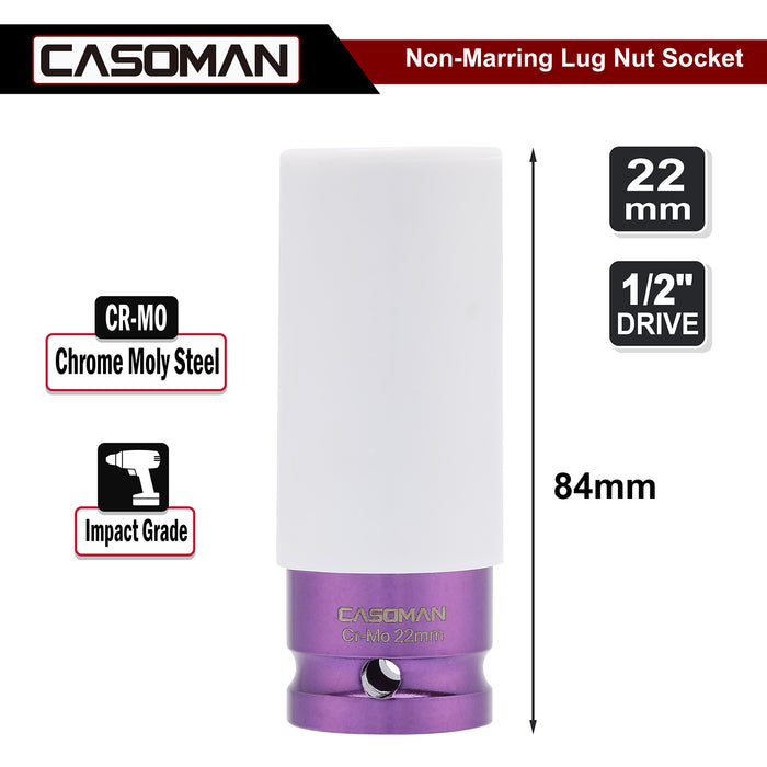 CASOMAN 1/2-Inch Drive x 22mm Non-Marring Impact Lug Nut Socket, Metric, 6-Point, CR-MO, Color-Coded, Thin-Walled Wheel Rim Protector