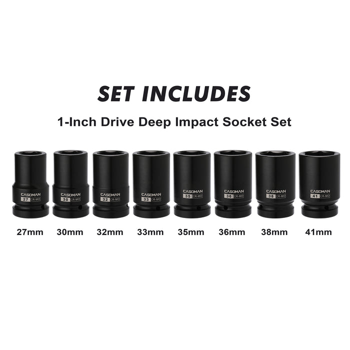 CASOMAN 8 Pieces 1-Inch Drive Deep Impact Socket Set, CR-MO, Metric, 6-Point, Heavy Duty Wheel Impact Socket Set