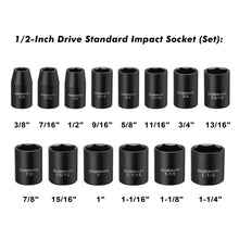 Load image into Gallery viewer, CASOMAN 14 Pieces 1/2-Inch Drive Shallow Impact Socket Set, 6-Point, SAE, 3/8" to 1-1/4"