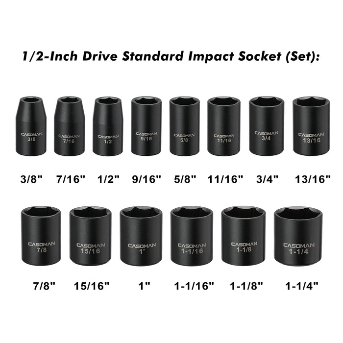 CASOMAN 14 Pieces 1/2-Inch Drive Shallow Impact Socket Set, 6-Point, SAE, 3/8" to 1-1/4"