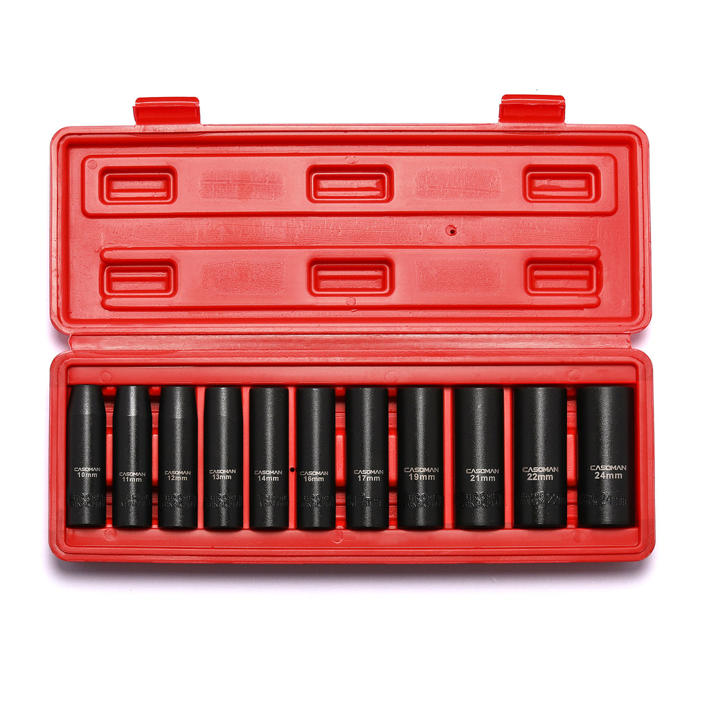 CASOMAN 11 Pieces 1/2-Inch Drive Deep Impact Socket Set, 6-Point, Metric, 10mm to 24mm