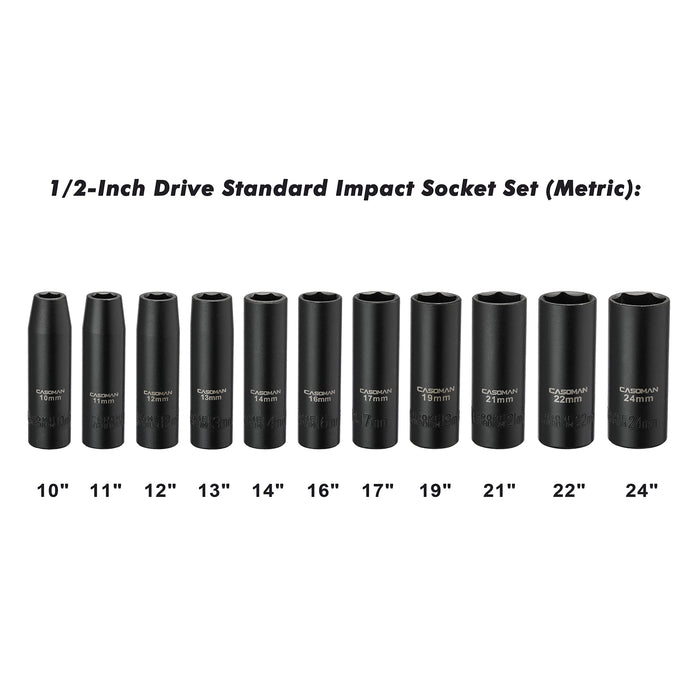 CASOMAN 11 Pieces 1/2-Inch Drive Deep Impact Socket Set, 6-Point, Metric, 10mm to 24mm