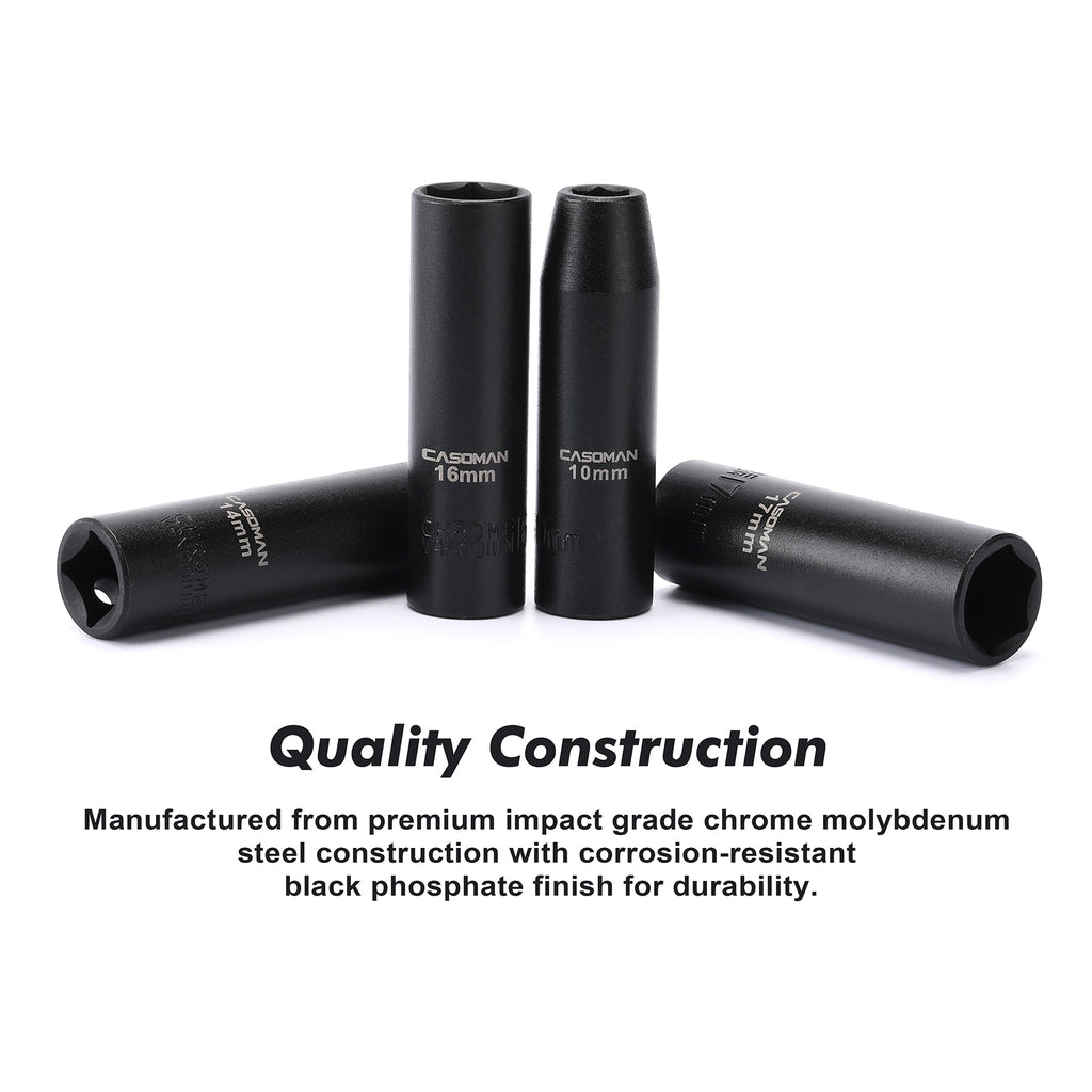 CASOMAN 11 Pieces 1/2-Inch Drive Deep Impact Socket Set, 6-Point, Metric, 10mm to 24mm