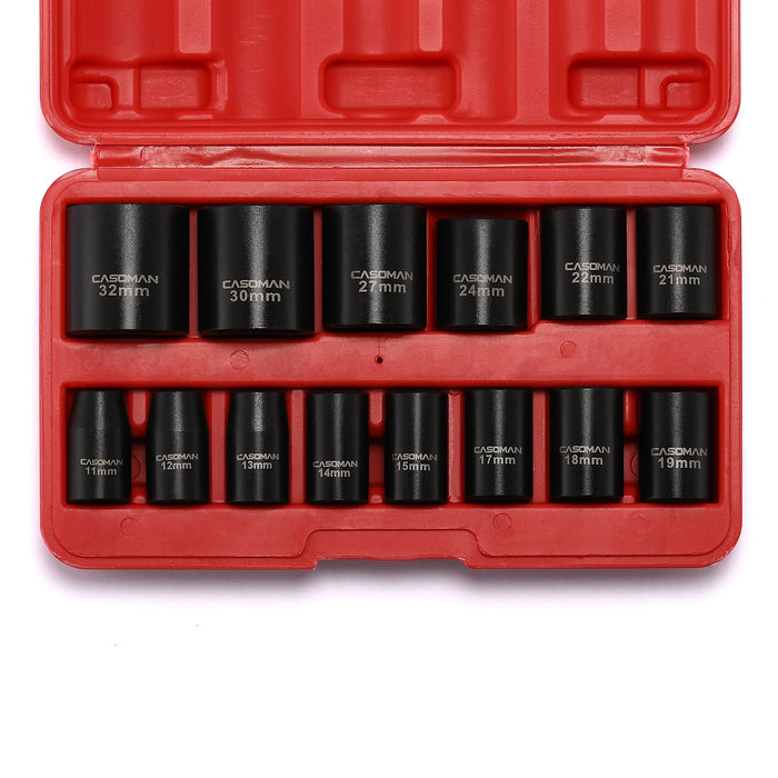 CASOMAN 14 Pieces 1/2-Inch Drive Shallow Impact Socket Set, Metric, 6-Point, 11mm to 32mm
