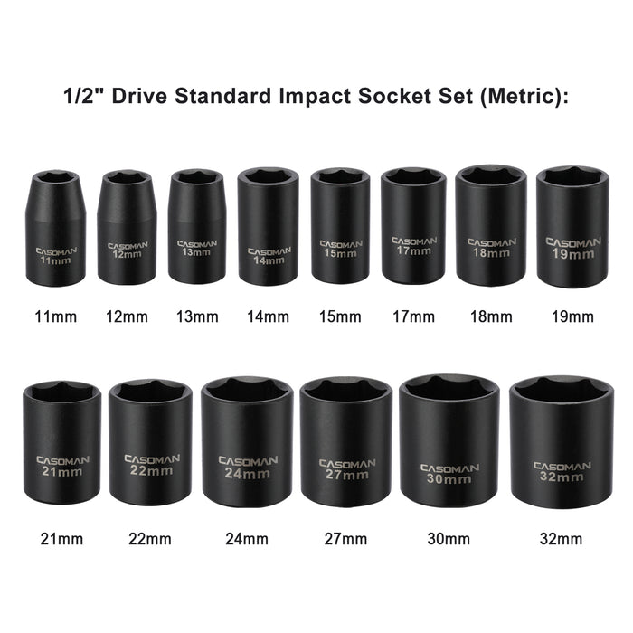 CASOMAN 14 Pieces 1/2-Inch Drive Shallow Impact Socket Set, Metric, 6 ...
