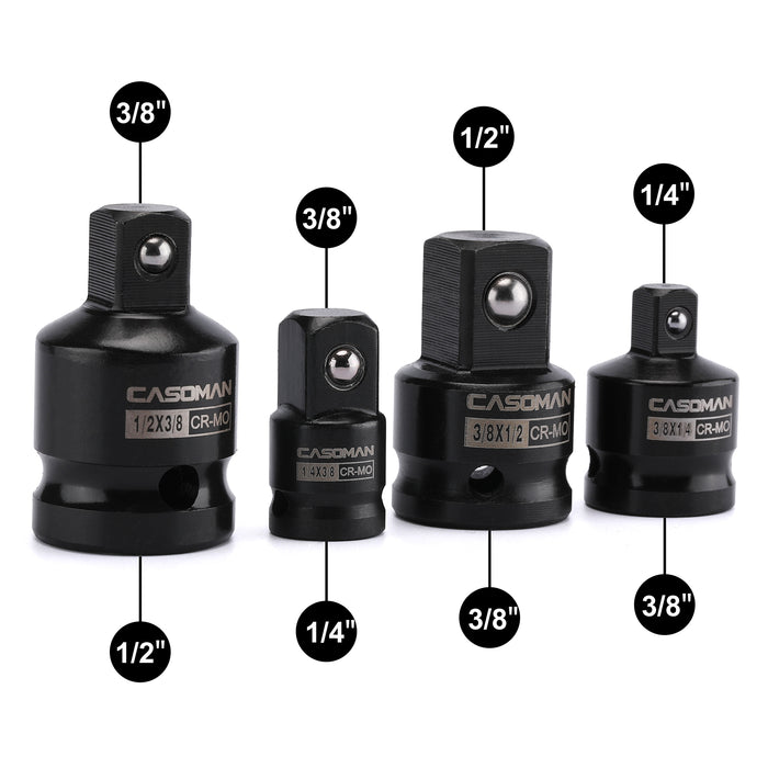 CASOMAN 4-Piece Impact Adapter and Reducer Set, For Impact Driver Conversions, 1/4" - 3/8" - 1/2", CR-MO