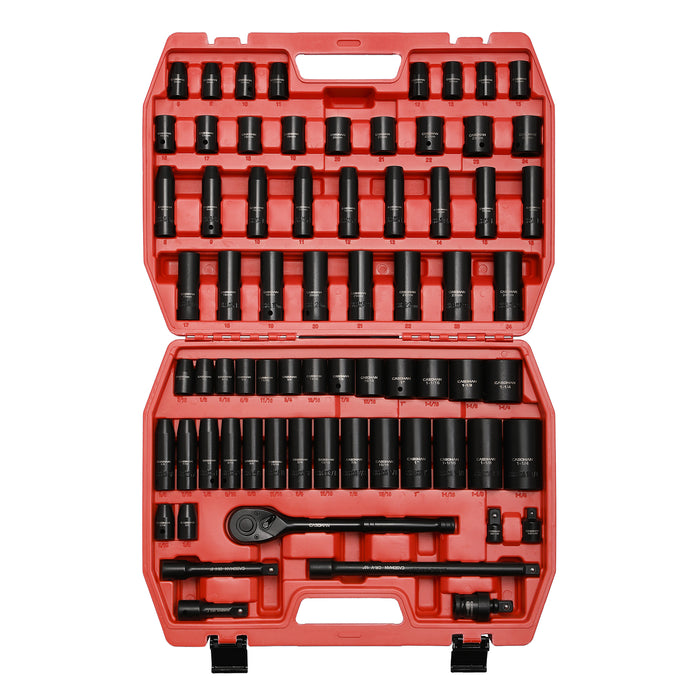 CASOMAN 1/2-inch 70 Pieces Impact Socket Master Set, SAE & Metric from 5/16"-1-1/4",8-24mm, Ratched Hand, Extension Bar and Adapters