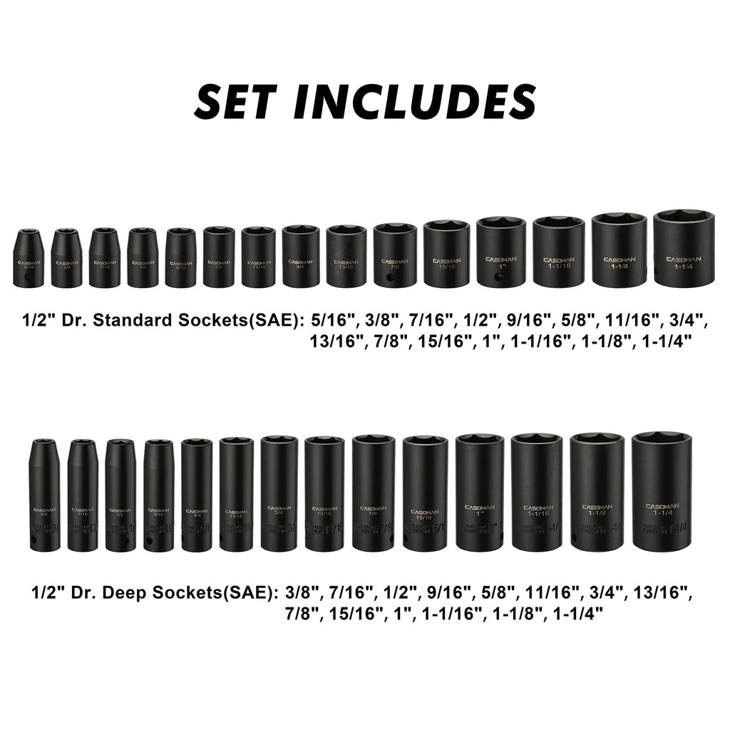 CASOMAN 1/2-inch 70 Pieces Impact Socket Master Set, SAE & Metric from 5/16"-1-1/4",8-24mm, Ratched Hand, Extension Bar and Adapters