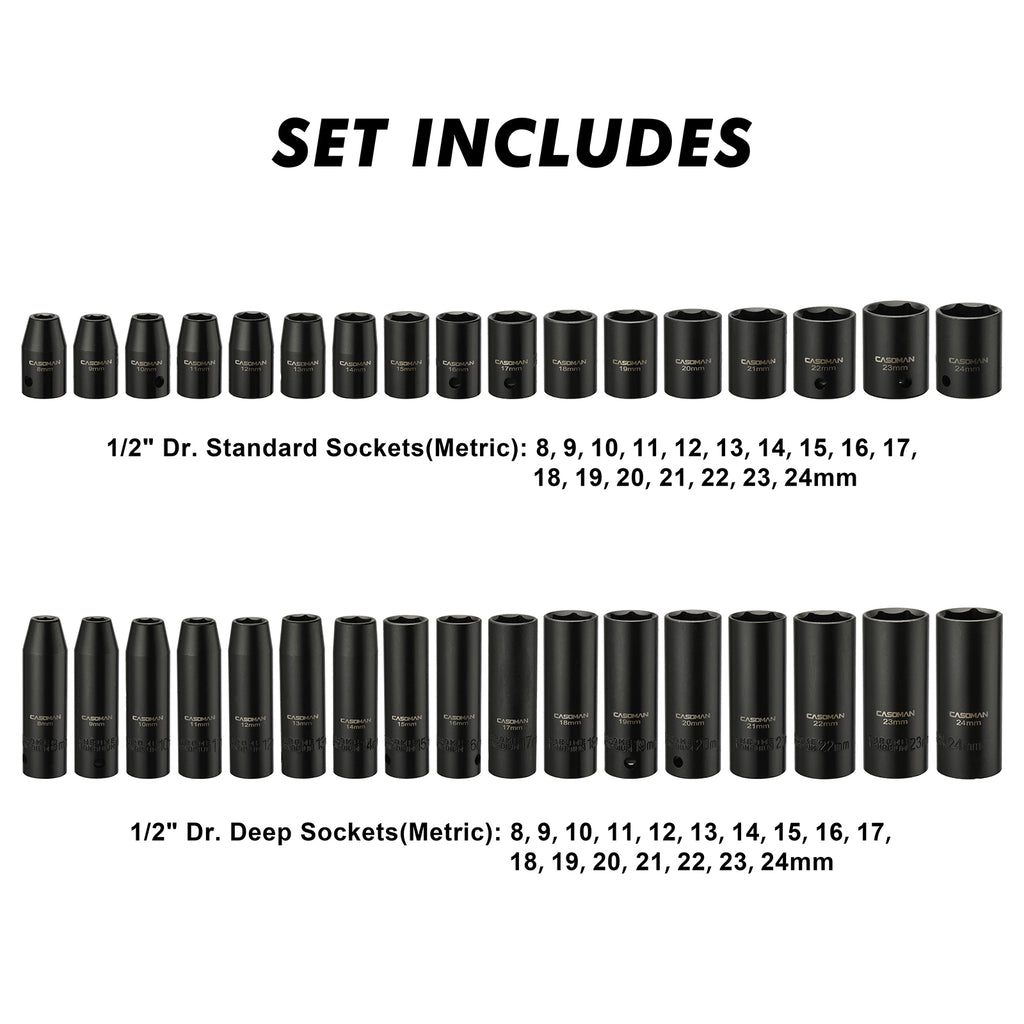 CASOMAN 1/2-inch 70 Pieces Impact Socket Master Set, SAE & Metric from 5/16"-1-1/4",8-24mm, Ratched Hand, Extension Bar and Adapters