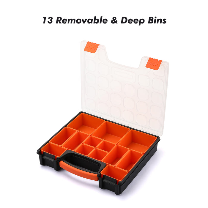 CASOMAN Organizer Box With 13 Dividers, Multi-Purpose Portable Plastic Organizer, with Secure Locks, with Size of 12"L x 10.5"W x 2"H