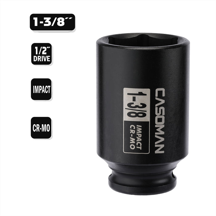 CASOMAN 6-Point 1/2-Inch Drive Deep Impact Socket- 1-3/8" (SAE), CR-MO, 1/2-inch Drive 6 Point Axle Nut Socket for Easy Removal of Axle Shaft Nuts