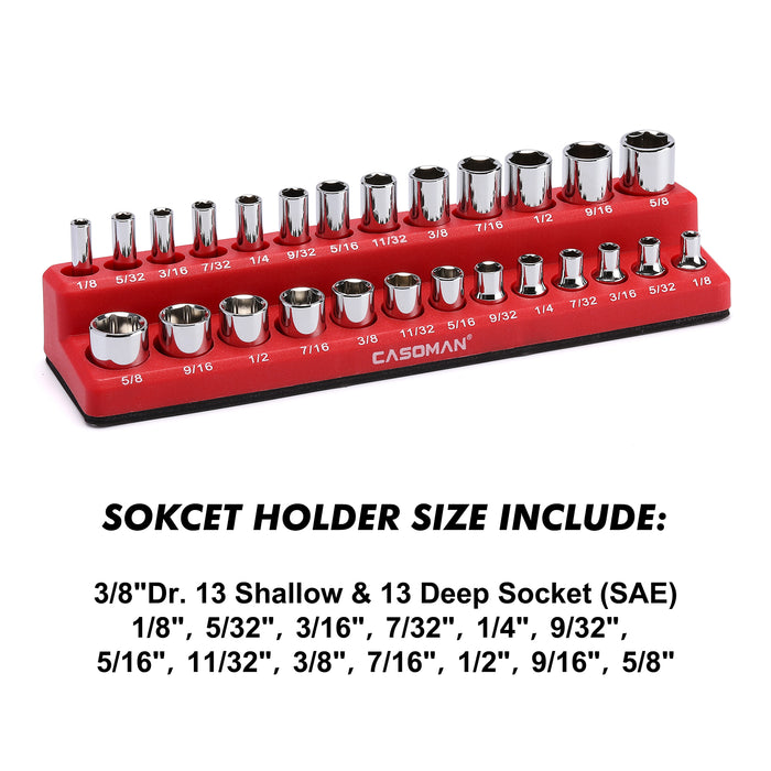 CASOMAN 1/4-Inch Magnetic Socket Organizer, SAE Sockets, 26 Slot Red Holder Red Color
