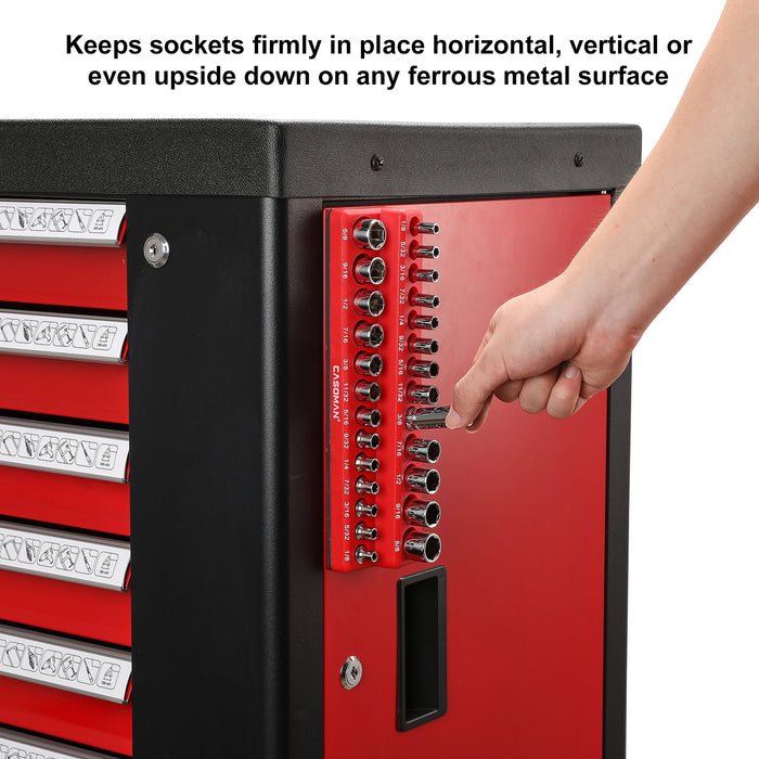 CASOMAN 1/4-Inch Magnetic Socket Organizer, SAE Sockets, 26 Slot Red Holder Red Color