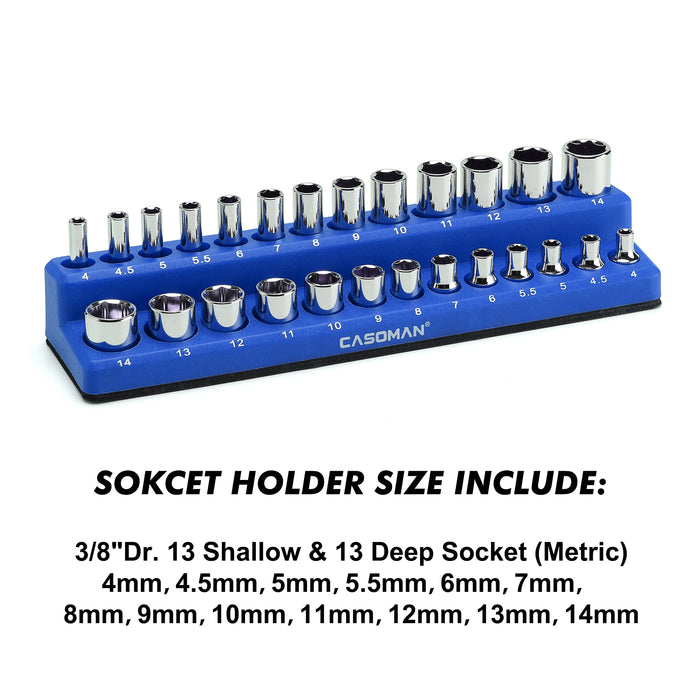 CASOMAN 1/4-Inch Magnetic Socket Organizer, Holds 26 Metric Sockets, Blue Color, Magnetic Socket Holder
