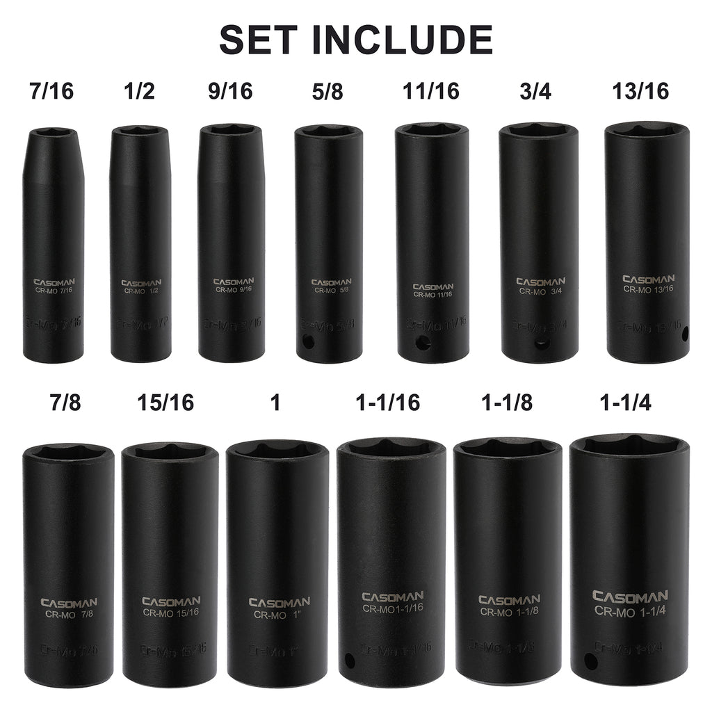 CASOMAN 1/2-Inch Drive Deep Impact Socket Set, 13 Pieces Set, 7/16"-1-1/4", CR-MO, SAE, Heavy Duty Storage Case