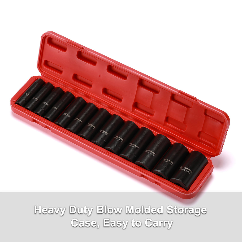 CASOMAN 1/2-Inch Drive Deep Impact Socket Set, 13 Pieces Set, 7/16"-1-1/4", CR-MO, SAE, Heavy Duty Storage Case