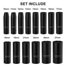 Load image into Gallery viewer, CASOMAN 1/2-Inch Drive Deep Impact Socket Set, 14 Pieces Set, 10mm-27mm, CR-MO, Metric, Heavy Duty Storage Case