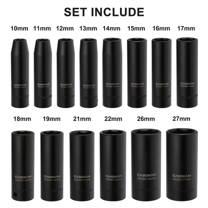 CASOMAN 1/2-Inch Drive Deep Impact Socket Set, 14 Pieces Set, 10mm-27mm, CR-MO, Metric, Heavy Duty Storage Case