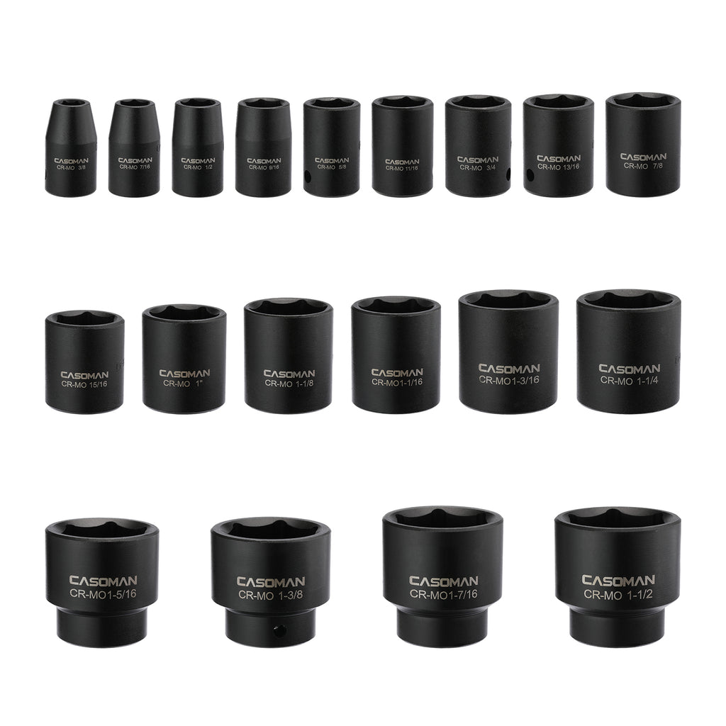 CASOMAN 19 Piece 1/2-Inch Drive Standard Impact Socket Set, SAE, Shallow, 3/8" to 1-1/2", Cr-Mo Alloy Steel, Radius Corner Design, Impact Grade